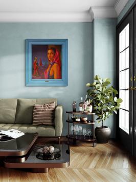 Surrealistisch schilderij met gesluierde dame