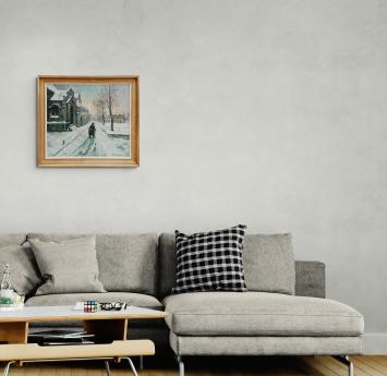 Voorzichtig op wandel in de sneeuw – Olie op paneel – Louis Van Hoorde