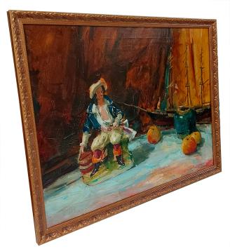 Stilleven met piraat, fruit en een blauwe bolvaas
