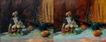 Stilleven met piraat, fruit en een blauwe bolvaas