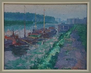 Louis Belen met een olieverfschilderij op paneel