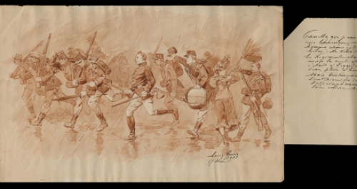 Regiment in de regen op straat 1903