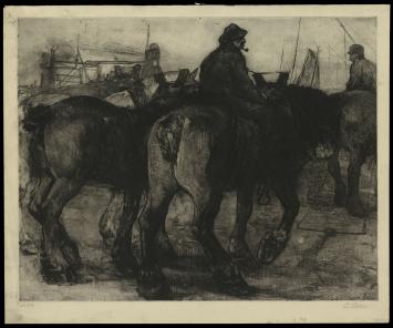 Louis Peeters met een grote ets met paarden