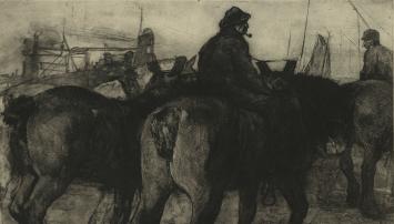 Louis Peeters met een grote ets van trekpaarden
