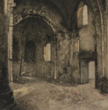 Louis Peeters met een grote ets van een interieur