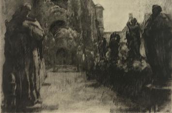 Louis Peeters met een ets van een kerk met beelden ervoor