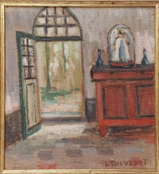 Louis Thévenet met een schilderij van een interieur