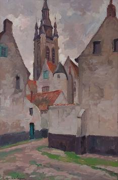 Louis Van den Eynde met een stadszicht, begijnhof Kortrijk