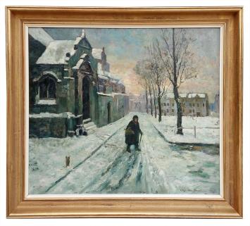 Voorzichtig op wandel in de sneeuw, Louis Van Hoorde. Wintertafereel met wandelaar in de sneeuw, olie op paneel.