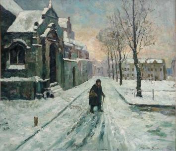 Promenade dans la neige, Louis Van Hoorde. Scène hivernale avec personnage dans la neige, huile sur panneau.