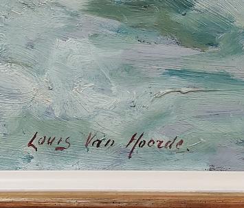 Voorzichtig op wandel in de sneeuw – Olie op paneel – Louis Van Hoorde