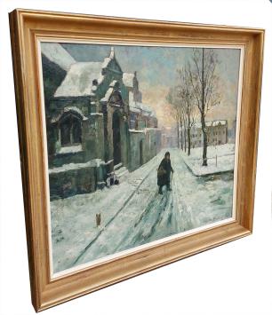 Voorzichtig op wandel in de sneeuw – Olie op paneel – Louis Van Hoorde