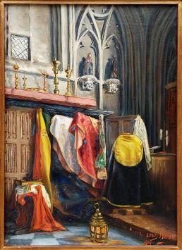 Louis Wilmet met een schilderij op canvas