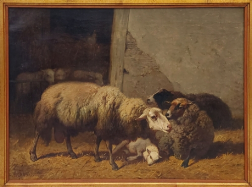 Louis Robbe  met een schilderij van schapen