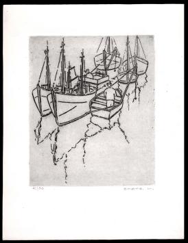 Vissersboten en vissers geëtst door Mechelse kunstenaar Léon Smets