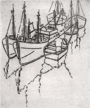 De Belgische etser Léon Smets met een grafisch kunstwerkje