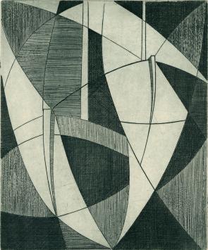 De Belgische etser Léon Smets met een kunstwerkje op papier