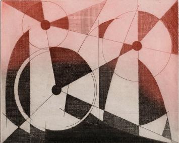 De Belgische etser Léon Smets met een abstract kunstwerkje