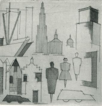 De Belgische etser Léon Smets met een kunstwerkje op papier