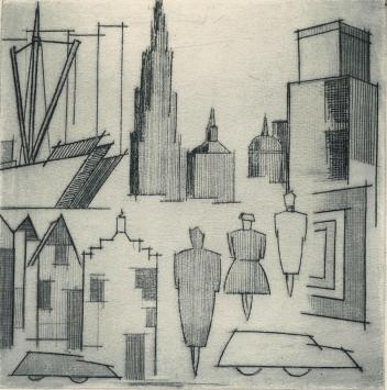 De Belgische etser Léon Smets met een kunstwerkje op papier