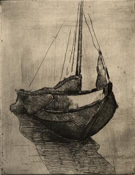 De Belgische etser Léon Smets met een grafisch kunstwerkje