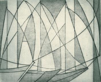 De Belgische graficus Léon Smets met een abstract kunstwerk