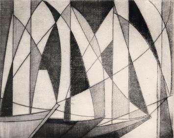 De Belgische graficus Léon Smets met een abstract kunstwerk