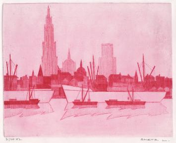 Een ets van Léon Smets, rood-roze inkt