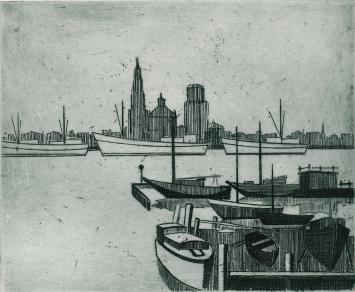 De Belgische etser Léon Smets met een kunstwerkje op papier