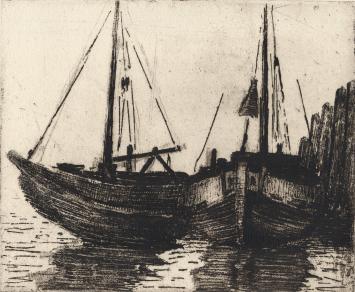 De Belgische graveur Léon Smets met een kunstwerkje op papier