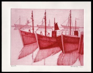 Vissersboten geëtst door Mechelse kunstenaar Léon Smets