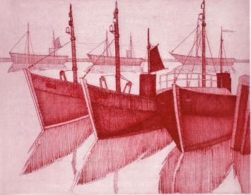 De Belgische etser Léon Smets met een grafisch kunstwerkje