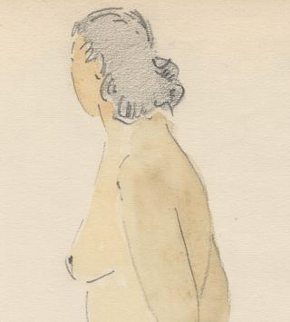 Tekening staand naakt met aquarel opgehoogd