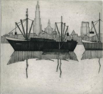 De Belgische graficus Léon Smets met een ets van boten