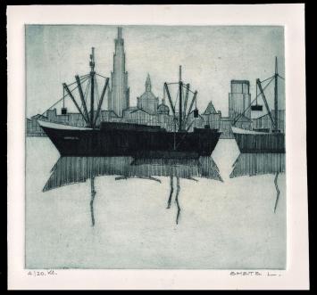 Kleine ets van Léon Smets in kleur gedrukt