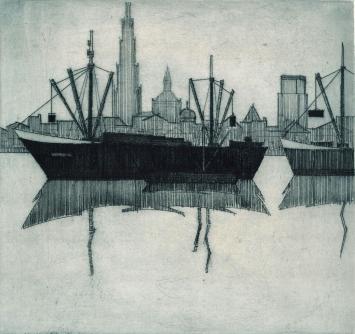 De Belgische graficus Léon Smets met een ets van boten