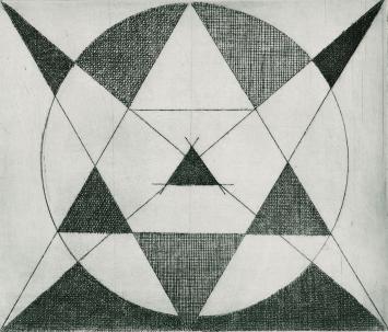 De Belgische etser Léon Smets met een abstract kunstwerk op papier