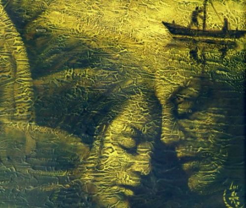 Zee met boot en vrouwen van Luc de Ro