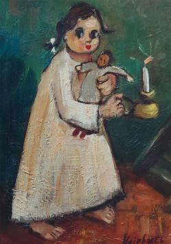 Kunstschilder Luc Heirbaut met een naïef olieverfschilderij