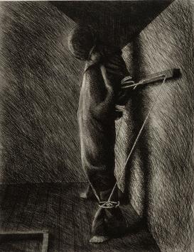 Luc Piron met een kunstwerk op papier uit 1978