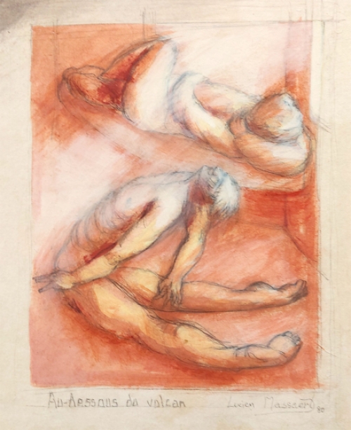 Lucien Massaert met een tekening uit 1980