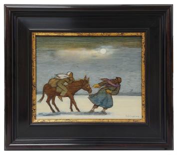 Schilderij van Ludo Laagland: man trekt ezel met vrouw en kind door besneeuwd landschap onder maanlicht, symbolische vlucht u