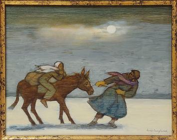 Painting by Ludo Laagland: man leads a donkey with woman and child through snowy landscape under moonlight, symbolic Flight i