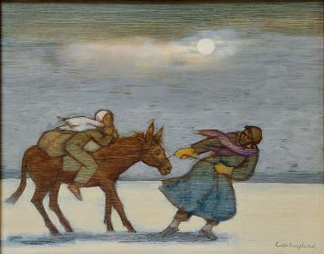 Peinture de Ludo Laagland : homme tirant un âne avec femme et enfant dans un paysage enneigé au clair de lune, symbolique de 