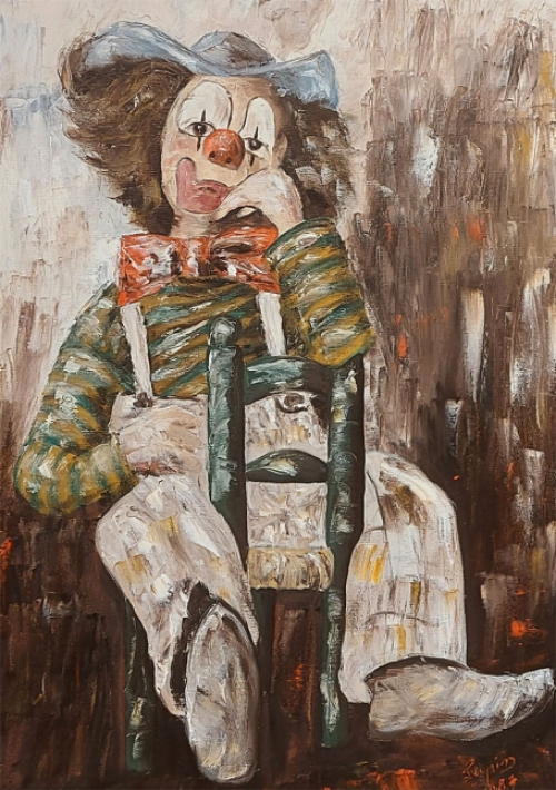 J.F. Lupin met een schilderij van een clown