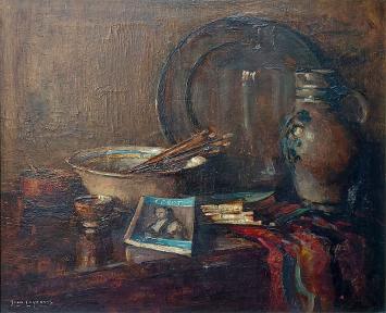 Jean Luypaert met een schilderij op canvas geschilderd