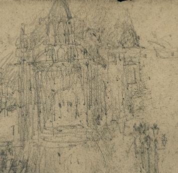 Lucien van der Borcht met een schets van Brusselse parade