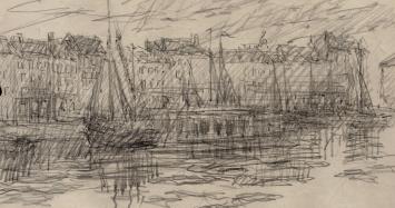 Lucien van der Borcht met een schets uit 1895
