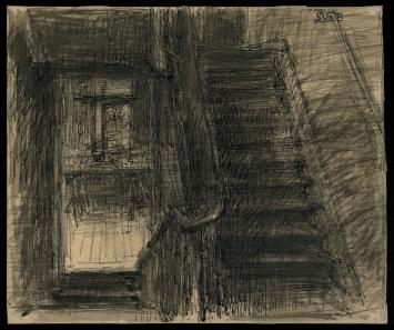 potloodtekening van een traphal