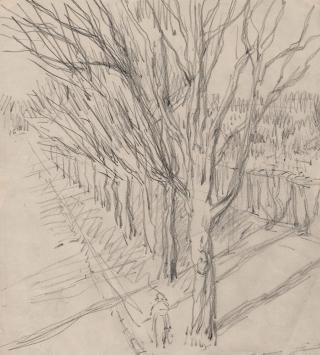 Lucien van der Borcht met een schets uit 1895